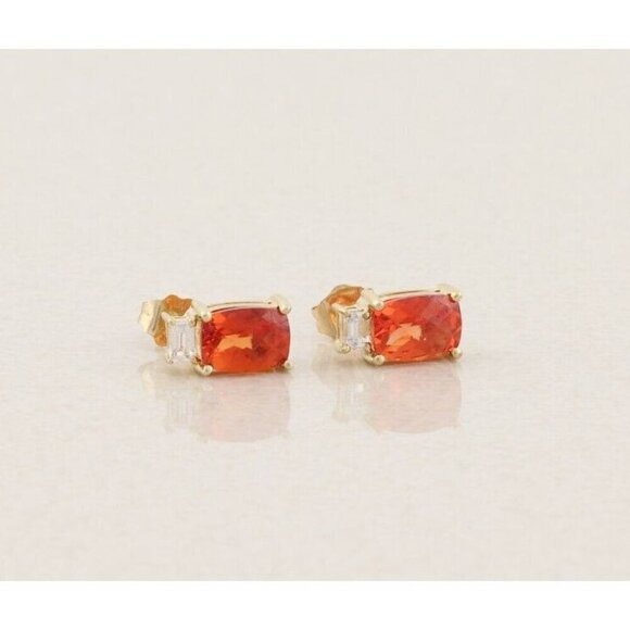 10k Yellow Gold Lab Created Orange Sapphire Padparadscha & White Topaz stud - Picture 1 of 9